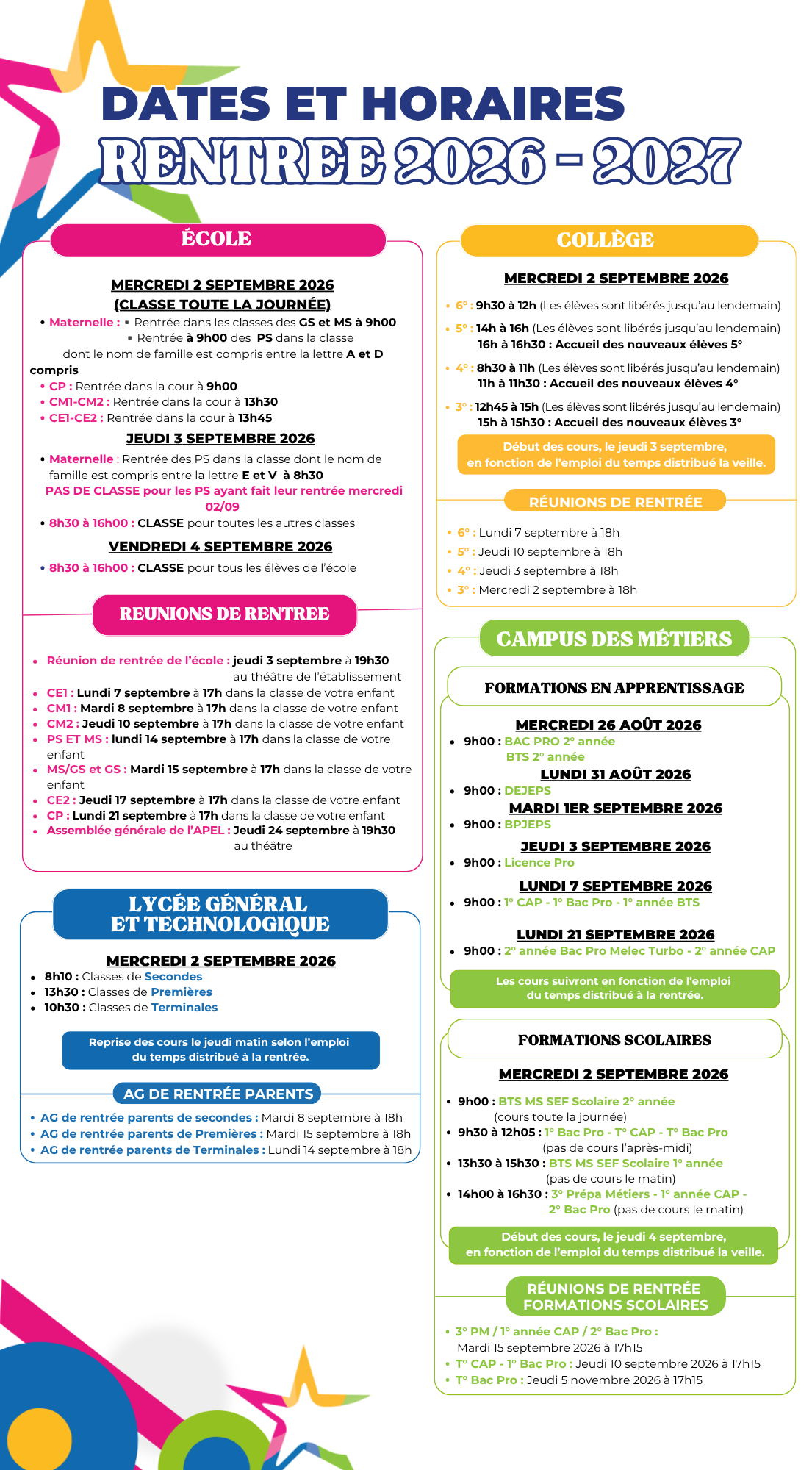 dates de rentrées 26-27 MAJ